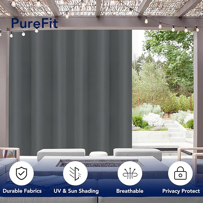 PureFit Outdoor Curtains for Patio Waterproof Weatherproof, UV Resistant Outside Curtains for Gazebo, Front Porch, Pergola, Sun Blocking Privacy Curtain, 100W x 108L inch, 1 Panel, Gray