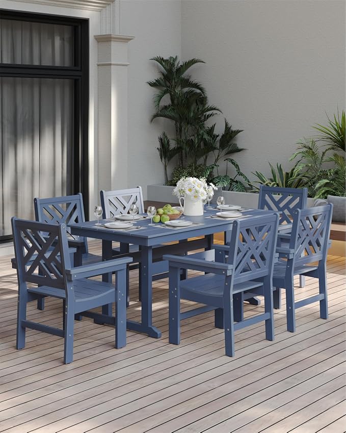 7-Piece Outdoor Dining Set, HDPE All-Weather Patio Table and Chairs Set for 6, Outdoor Patio Furniture Sets with Umbrella Hole for Outside, Deck, Backyard, Garden (Navy Blue)