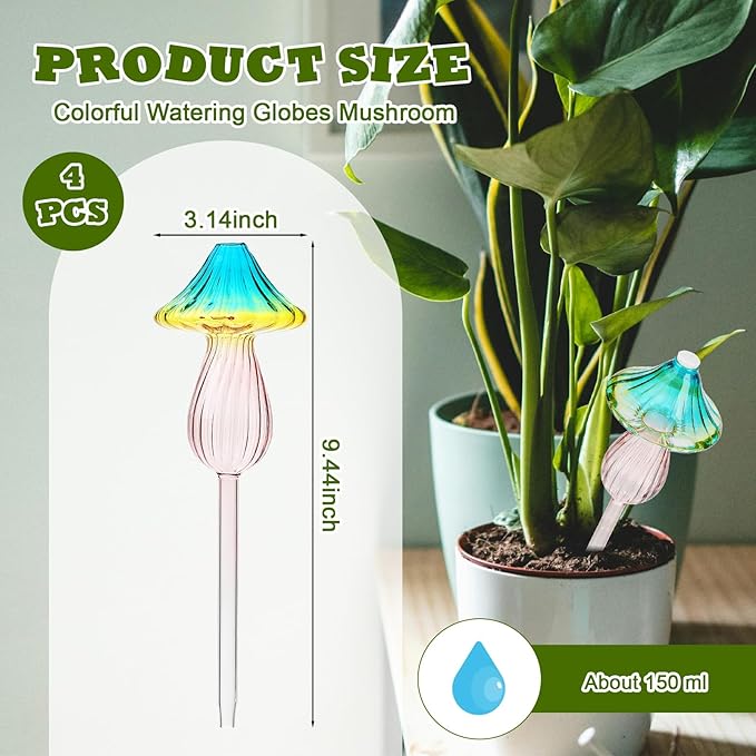 4 Pcs Plant Watering Globes Self Watering Planter Insert Glass Water Bulbs for Indoor and Outdoor Plants Mushroom Plant Watering Devices for Travel Vacation
