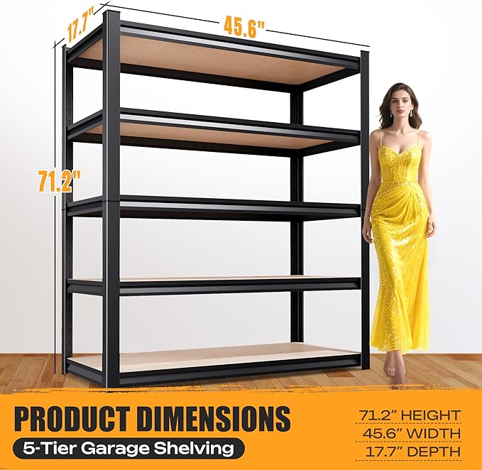 71.2"H-45.6"W Garage Shelving Heavy Duty Storage Shelves, Metal Adjustable Shelving Unit, Utility Garage Organizer Shelf for Basement, Pantry, Kitchen, Warehouse, 45.6"Wx17.7"Dx71.2"H, Black