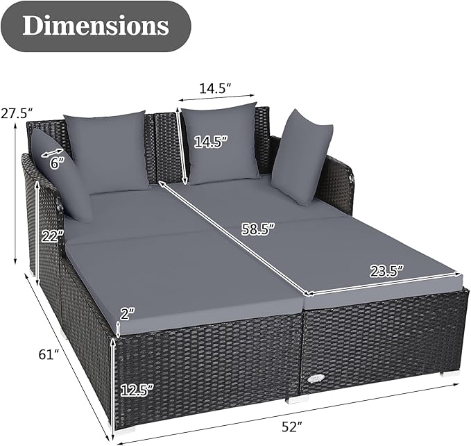 Tangkula Outdoor Rattan Daybed, Wicker Furniture with Spacious Seat, Upholstered Cushion & High-Resilience Sponge, Patio Sofa Set with 4 Pillows, 2-Person Sunbed for Poolside Backyard Garden & Balcony