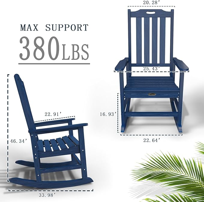 Oversized Rocking Chair Set of 2, Outdoor Rocking Chair for Adults, All Weather Resistant Porch Rocker for Lawn Garden, Navy Blue