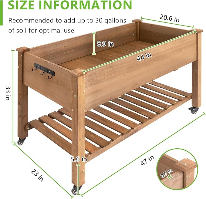 Raised Garden Bed with Legs & Wheels –, Outdoor Elevated Planter Box with Storage Shelf & Hooks for Vegetables, Flowers, and Herbs for Outdoor Gardening, Patio, Balcony,48"x 24"x 33"(Brown)