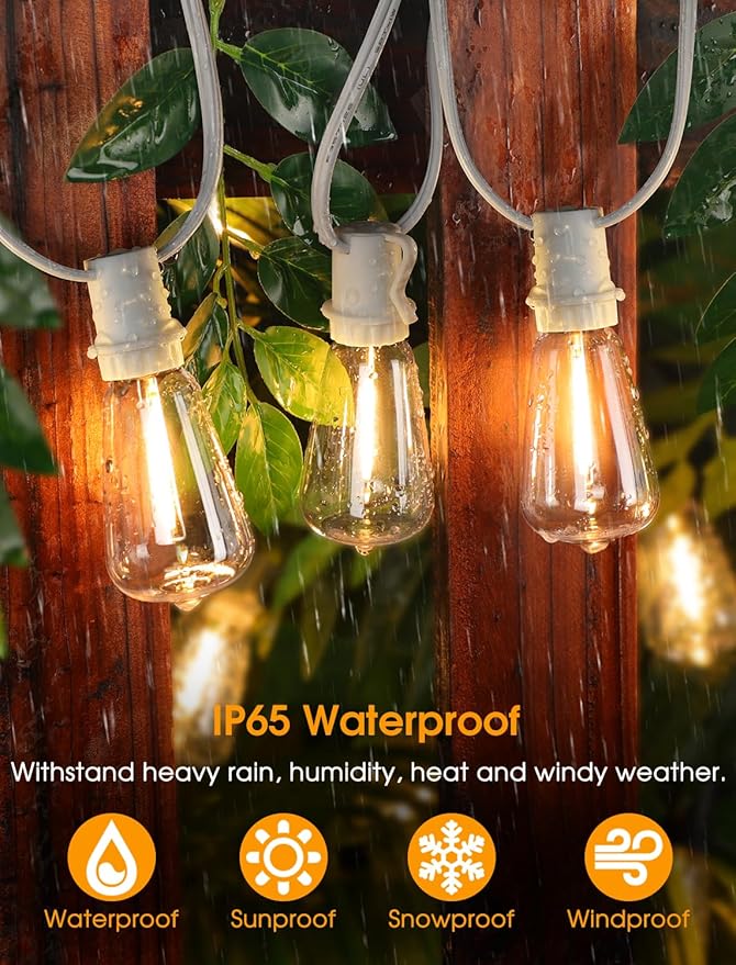 50FT(2x25FT) Outdoor String Lights, Patio Lights with 20+2 LED Dimmable Waterproof ST38 Vintage Bulbs for Wedding Garden Party Decor, White