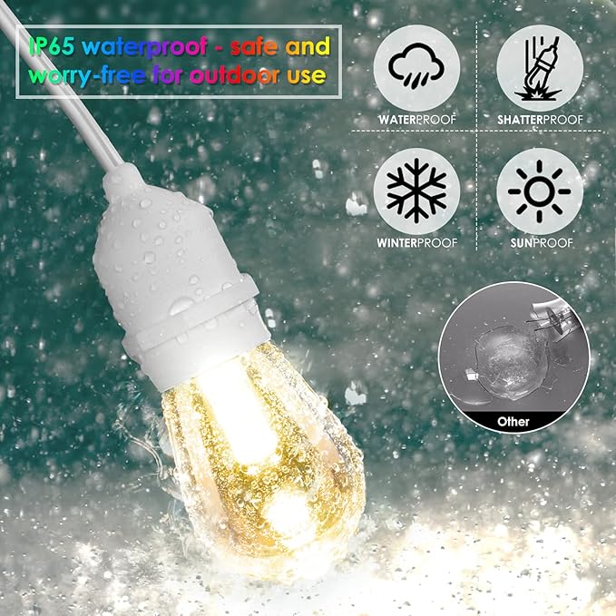 Mlambert 96Ft(2x48ft) Outdoor Patio Lights, RGB Cafe String Lights with Remote Control and 30+5 Dimmable LED Bulbs for Backyard Graden-White 2 Pack