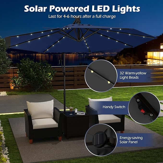 Tangkula 10ft Solar LED Patio Umbrella with Base, Offset Cantilever Outdoor Umbrella with 32 LED Lights, Infinite Tilt, 360 Degree Rotation, Crank Handle for Pool Deck Garden Backyard (Navy)