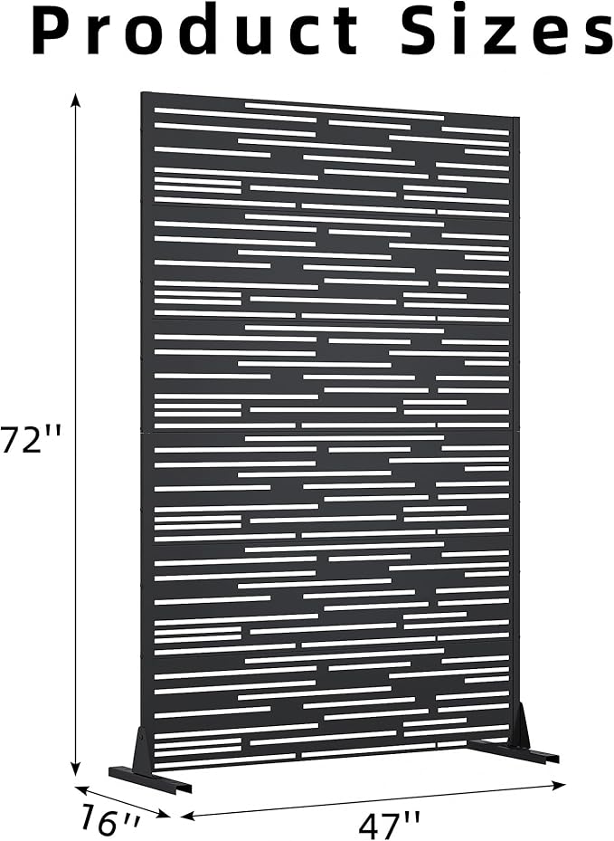 Casaphoria Metal Privacy Screen Outdoor, 72" H x 47" W Freestanding Decorative Privacy Screen for Patio Deck Balcony Garden with Stable Base, Shine Black