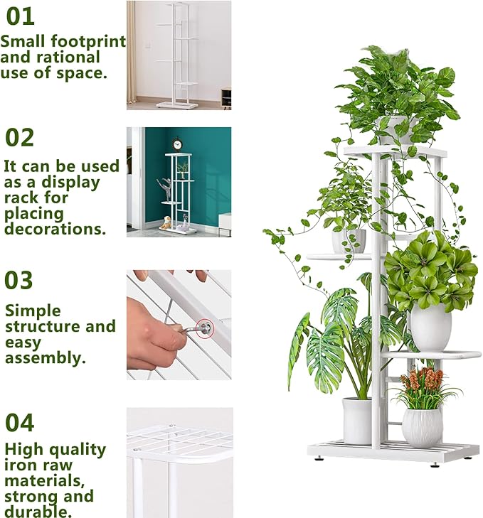 LINZINAR Plant Stand Indoor Outdoor Metal 4 Tier 5 Potted Multiple Flower Pot Holder Shelf Planter Display Shelving Unit for Patio Garden Corner Balcony Living Room (4 Tier 5 Potted, White)