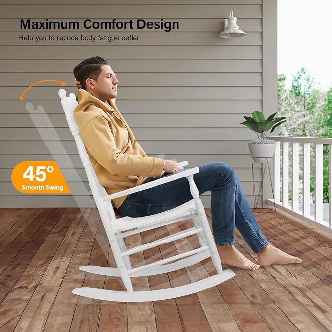 VINGLI Wooden Rocking Chair, Outdoor Chair with 450 lbs Support (White, 1PC)