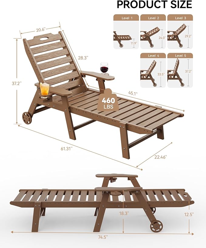 Carauci Lounge Chair Outdoor Set of 4, HDPE Chaise Lounge with Wheels, 5-Position Adjustable Backrest & 2 Cup Holders Patio Lounge Chair, All-Weather Pool Sun Lounger for Poolside, Backyard, Teak