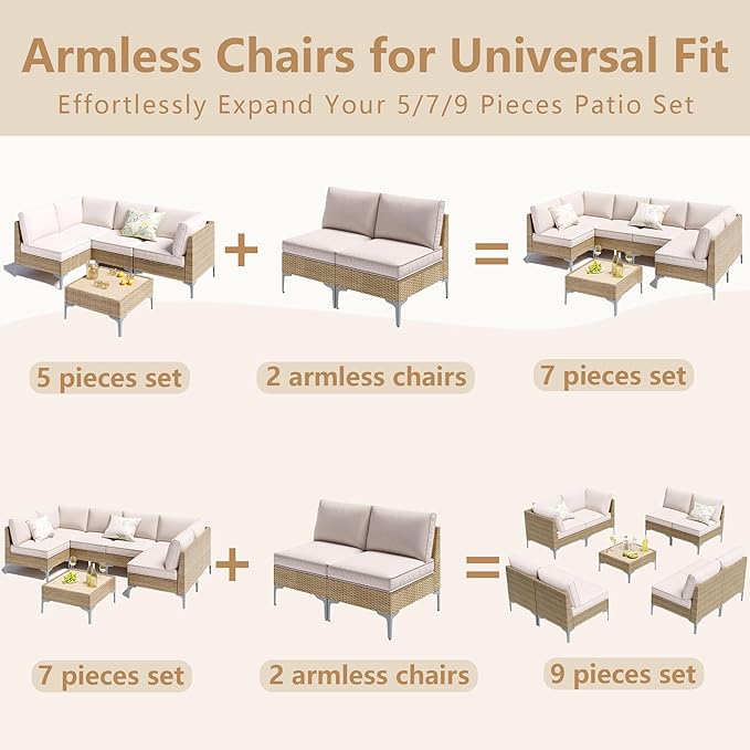 2-Piece Patio Furniture Set, Outdoor Wicker Sectional Sofa with Coffee Table, Anti-Slip & Thick All-Weather Cushions for Party, Poolside, Backyard, Beige