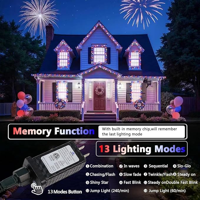 4th of July Decorations Red White and Blue Lights, 200 LED 66FT String Light Plug-in, 8 Modes 4th of July Lights for Indoor Outdoor Independence Day Memorial Day American Flag Patriotic Holiday Decor