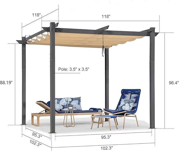 PURPLE LEAF 10' x 10' Aluminum Outdoor Pergola Wind-Resistant Retractable Pergola with Double Sun Shade Canopy Heavy-Duty Metal Pergola for Patios Backyard Deck Garden, Khaki