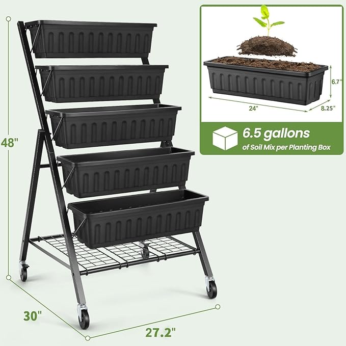 SEJOV 5-Tier Raised Garden Bed, 4FT Vertical Garden Planter with Storage Rack and Lockable Caster Wheels, Indoor Outdoor Raised Planter Box with Drainage System for Vegetables, Flowers, Herbs, Black