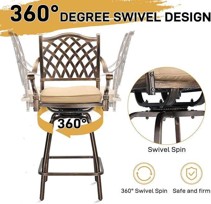 VINGLI Outdoor Swivel Bar Stools Set of 2, Cast Aluminum All-Weather Patio Bar Height Chairs, Patio Bar Dining Chairs Outdoor Swivel Patio Furniture (Grid Back)