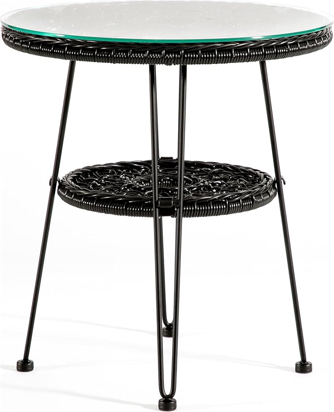 Furniture of America Ysar Boho 19-inch Round Coffee Table Outdoor with Tempered Glass Top and Metal Frame, Handcrafted Coastal Furniture for Patio, Poolside, Garden, Yard, Black