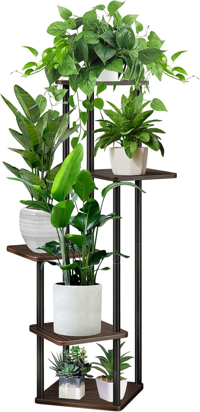 5 Tier Wood Tall Plant Stand Metal Rack Indoor, Multiple Flower Pot Holder Shelves Corner Rack, Planter Shelf Display Rack Storage Organizer for Patio Living Room Balcony Garden(Black Oak)