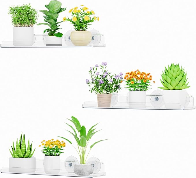Lifewit Window Plant Floating Shelves 14.6x3.6, 3 Pack Acrylic Suction Cup Shelf, Window Sill Extender for Indoor Succulent Plants, Micro Greens, Seed Starter Pots, Herb Planters 37 x 9 cm/14.6x3.6