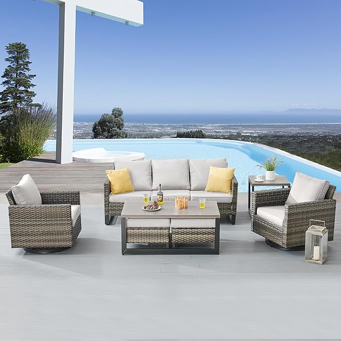 Belord Outdoor Bistro Set 3 Piece Wicker Swivel Rocker Patio Chairs, Oversize Outdoor Rattan Seating Set, Patio Swivel Glider Chairs Wicker Furniture with Metal Side Table for Porch Outside Backyard