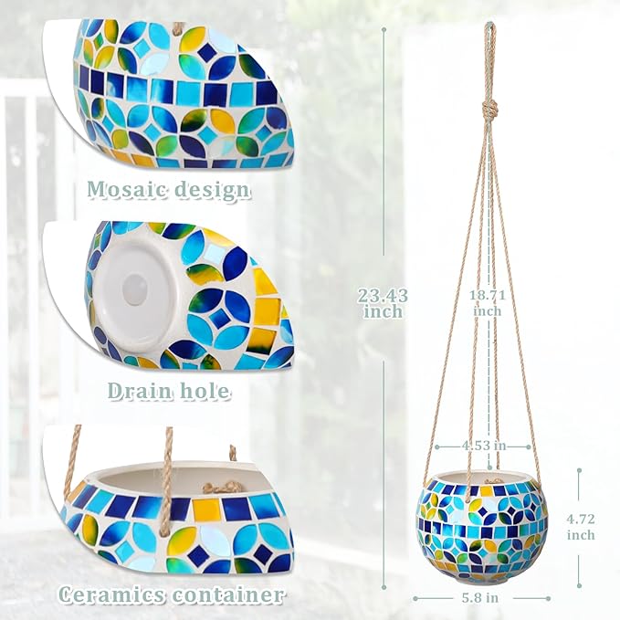 Ceramic Hanging Planter Mosaic Hanging Flower Pot Small Plant Pot for Indoor Plant Disco Ball Planter with Drainage Square Blue