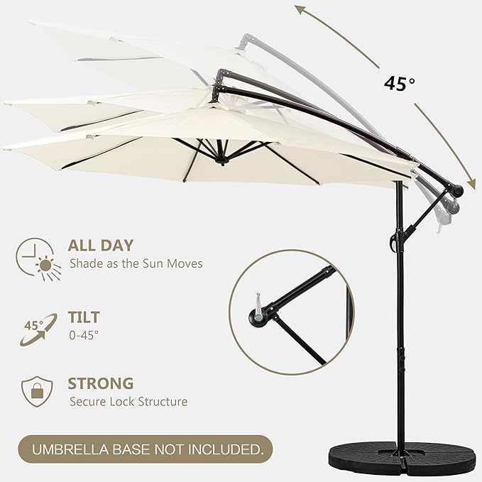 VECELO 10ft Offset Patio Umbrella, Cantilever Umbrella, Hanging Outdoor Umbrellas with 8 Ribs, Market Umbrella w/UV Protection Waterproof for Market/Backyard/Pool/Garden/Lawn, Handy Crank&Cross Base