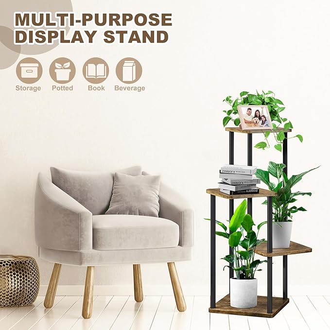 4 Tier Plant Stand Indoor, Thickened Metal Wood Corner Plant Shelf Stands for Multiple Plants, Indoor Tall Plants Stand Tiered Flower Holder for Living Room Patio Garden Balcony(Black+Brown)