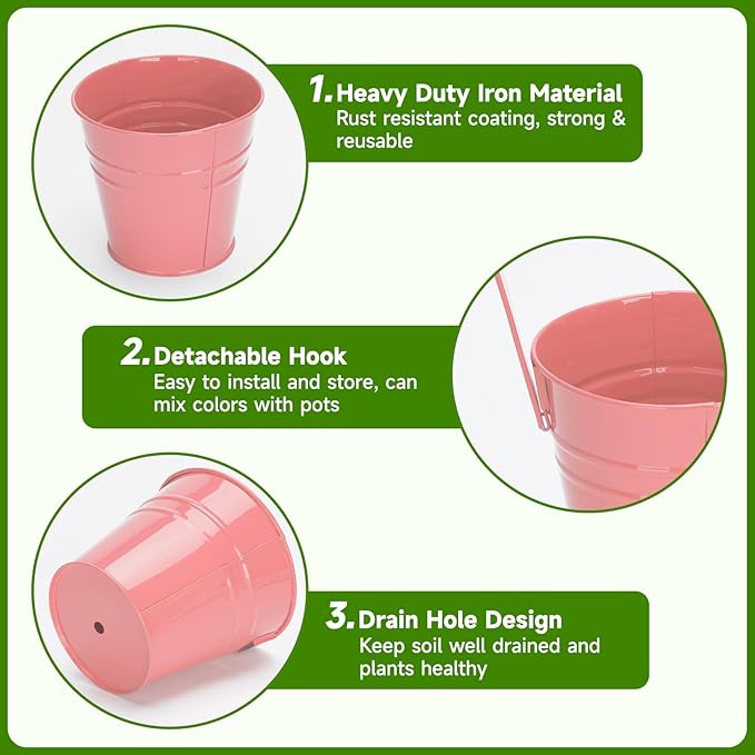 KINGLAKE Flower Pots,10 Pcs Metal Iron Hanging Flower Plant Pot Balcony Garden Plant Planter Baskets Fence Bucket Pots 6.3'' Flower Holders with Detachable Hook