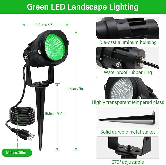 Green Outdoor LED Spot Lights for Yard & Garden – 12W Landscape Lighting, Christmas & Holiday Decor, Adjustable Beam,4Pack