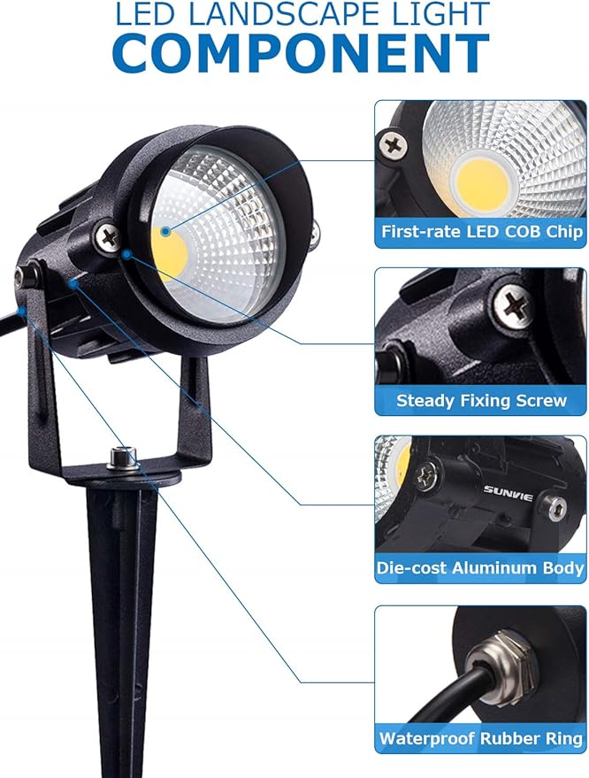 SUNVIE 12W Low Voltage Landscape Lighting LED Landscape Lights 3000K Waterproof Garden Pathway Lights 12V Outdoor Spotlights with Spike Stand, 2 Pack with Connectors