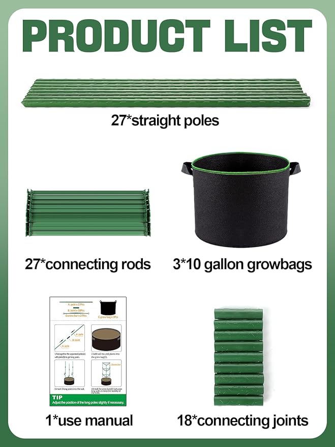 ANPHSIN 3 Sets Tomato Cages with 10 Gallon Grow Bags - 48" Stable Plant Garden Planter, Flowers Vegetable Trellis Pots for Tomato Vertical Climbing Plants Vines