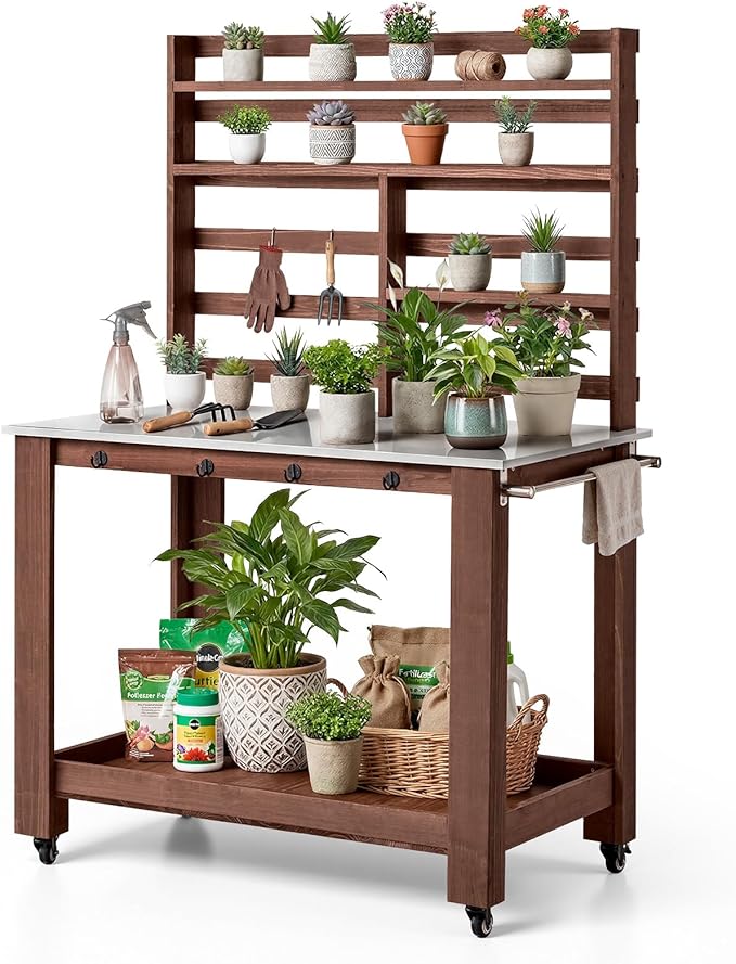 VEVOR Potting Bench Table, Outdoor Gardening Workstation with 45 x 26 in Stainless Steel Tabletop, Storage Shelves, 4 Casters, Hooks, Garden Planting Work Station for Outside Patio, Backyard, Brown