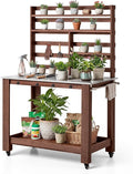 VEVOR Potting Bench Table, Outdoor Gardening Workstation with 45 x 26 in Stainless Steel Tabletop, Storage Shelves, 4 Casters, Hooks, Garden Planting Work Station for Outside Patio, Backyard, Brown