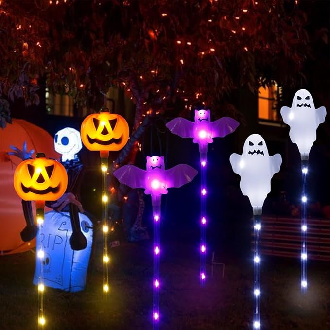 Halloween Decorations Outdoor Solar Pumpkin Bat Ghost Garden Stake Lights, 6-Pack 8 Modes Solar Halloween Lights Waterproof for Outside Home Patio Yard Pathway Grave Lawn Porch Party Decor
