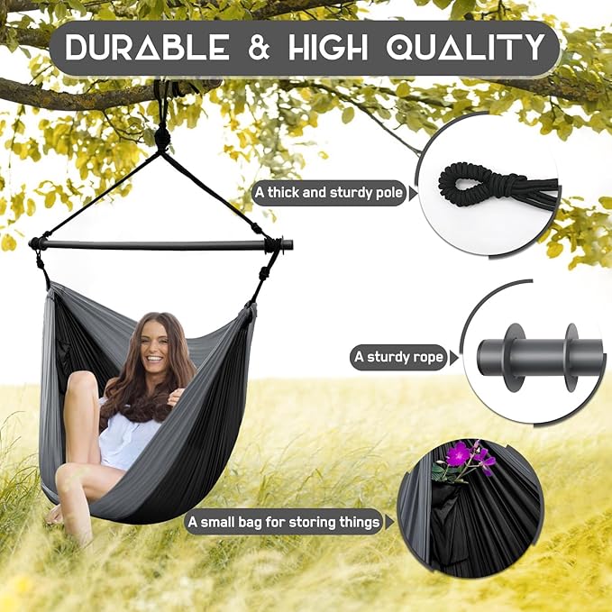 Hammock Swing Chair for Outdoor & Indoor, Lightweight & Portable, Perfect for Adults & Camping (Black, Gray)