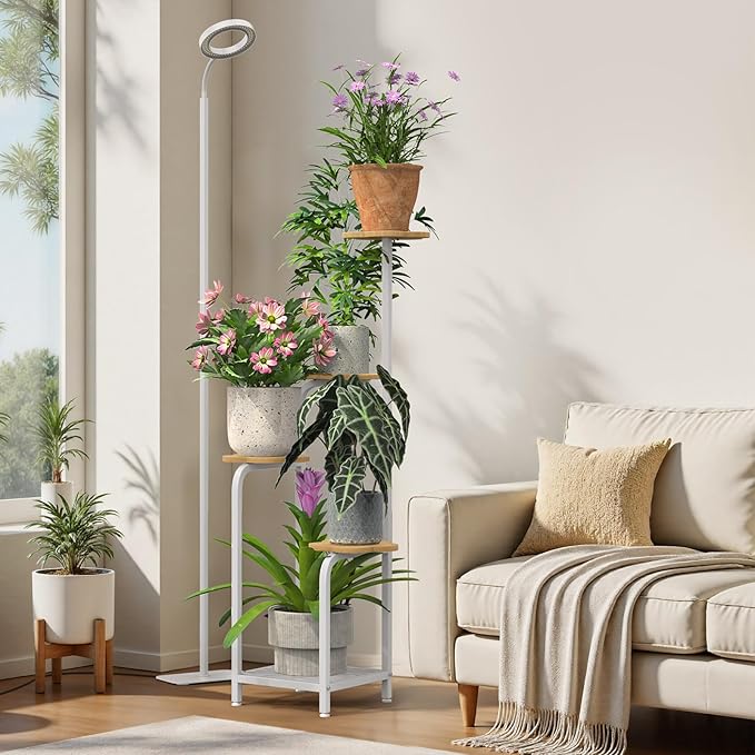 TOSKING 5 Tier Metal Plant Stand Indoor 48''H Tall ,Heavy Duty Plant Shelf , Corner Shelf Flower Pot Stand for Outdoor Plant Stand for Living Room Balcony Garden Patio Bedroom (5 Tier-White and Wood)