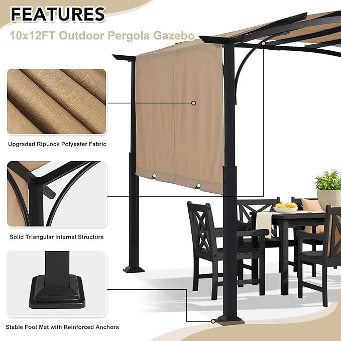MASTERCANOPY 10x10ft Outdoor Retractable Pergola with Sun Shade Canopy Patio Metal Garden Pergola,Beige