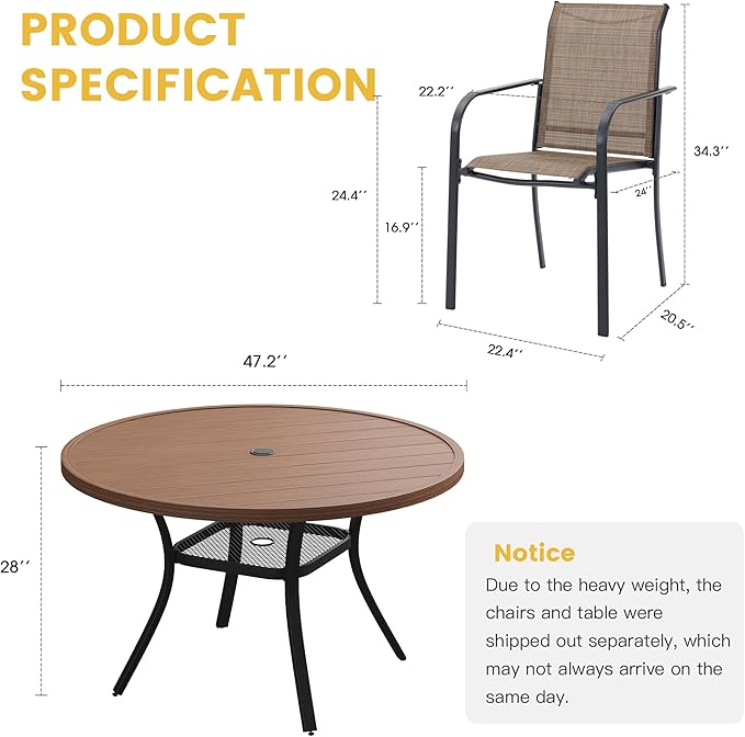 VICLLAX Patio Dining Set for 6, All Weather Metal Outdoor Furniture Set- 47" Round Patio Table and Chairs, Walnut Tabletop and Brown Fabric