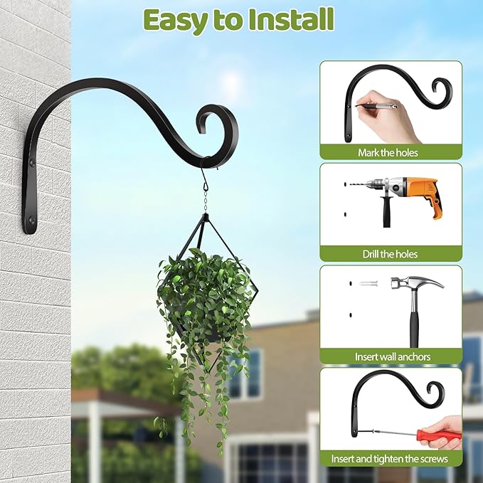 BOLITE Plant Hangers Outdoor Indoor, 12 Inch Wall Plant Hooks, Metal Bird Feeder Hanger for Hummingbird Feeders, Planters, Lanterns, Wind Chimes, Home Decor, 2 Pack, Black, Gifts for Women Men