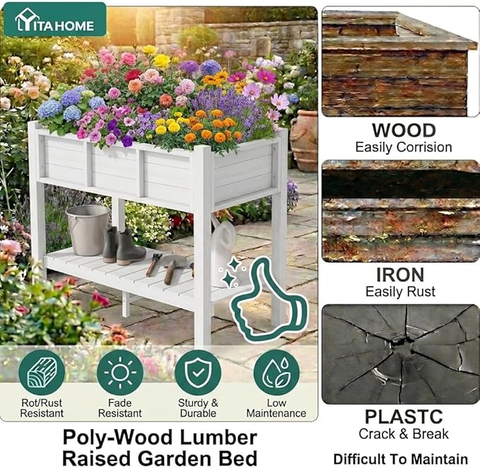 YITAHOME 48x18x30in Raised Garden Bed HDPE, Weather-Resistant Poly Lumber Planter Box with Legs & Storage Shelf, Elevated Garden Bed for Yard, Garden, Balcony - White