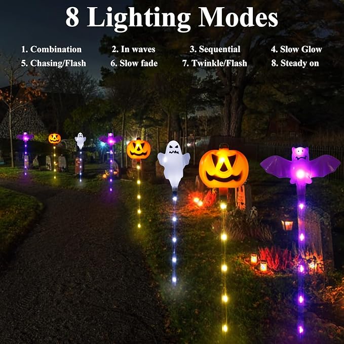 Halloween Decorations Outdoor Solar Pumpkin Bat Ghost Garden Stake Lights, 6-Pack 8 Modes Solar Halloween Lights Waterproof for Outside Home Patio Yard Pathway Grave Lawn Porch Party Decor