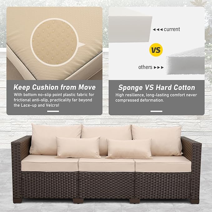 Outdoor Furniture Couch 3 Seater Sofa Outdoor Brown Wicker Sofa Deep Seat High Backrest Patio Couch with Non-Slip Cushions Waterproof Cover, Khaki
