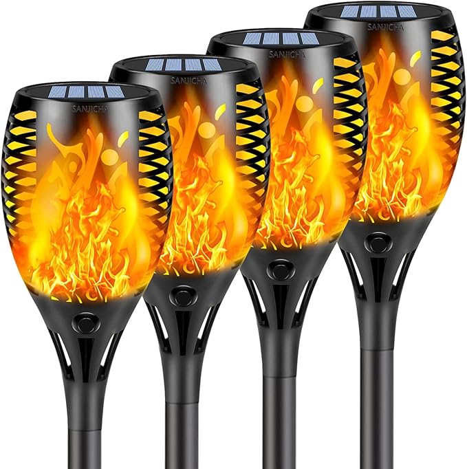 4 Pack Super Larger Size Solar Flame Torch Lights with Flickering Flame, Solar Flame Lights Outdoor Waterproof for Garden Decor, Extra Bright Tiki Torches Solar Lights Outdoor for Pathway Patio Yard