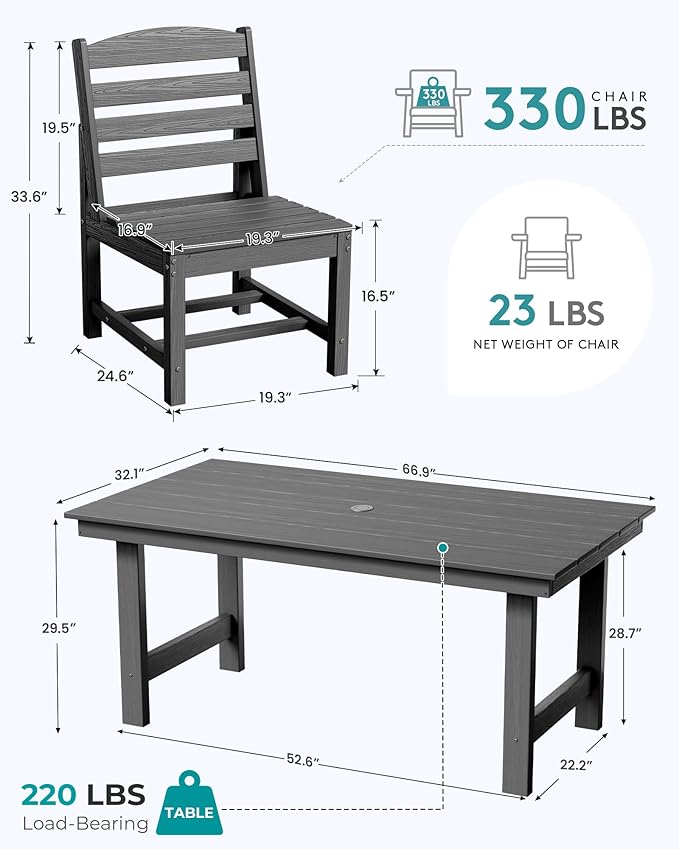 SERWALL Patio Dining Sets for 6 Person, HDPE Dining Set with 6 Armless Chairs, Gray