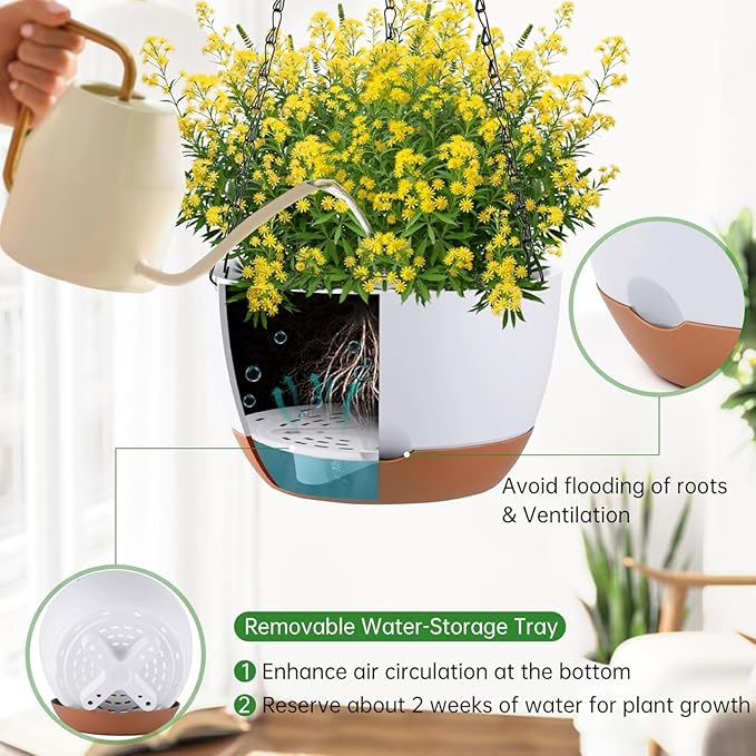 Hanging Planters for Indoor Plants, Set of 2 8/10 Inch Self-Watering Hanging Pots with Drainage Hole & Removable Water-Storage Tray II Screw-in Hooks