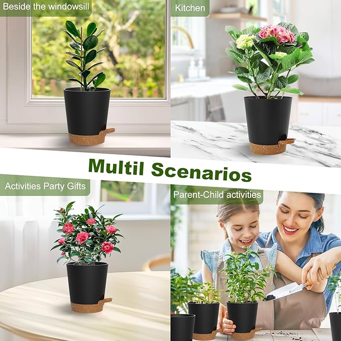 Self Watering Pots, 4 inch Flower Pots with Multi Mesh Drainage Holes, Small Platic Planters for Indoor Outdoor Garden Plants and Flowers (Black with Brown Tray, 4")
