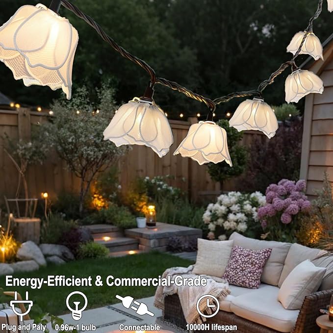 Decorative String Lights Plug in with 10 Incandescent Bulbs, Flower Garland Fairy Lights Connectable Weatherproof Outdoor Indoor for Wedding Garden Pergola Bedroom Porch Floral Home Decor (White)