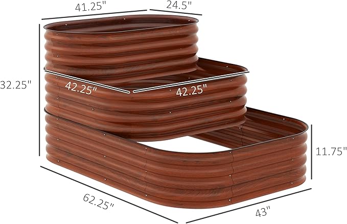 Outsunny 3-Tier Galvanized Steel Raised Garden Bed Kit, 62.25" x 43" x 32.25", 3 Combining Planter Boxes with Rubber Strip Edging, Open Bottom for Backyard, Garden, Patio, Brown