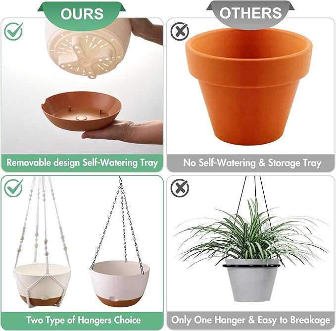 3 Pack 8/10/12 Inch Hanging Planters for Indoor Plants with Self-Watering Includes Hanging Pots for Plants, Outdoor Hanging Flower Pots with Drainage, and 2 Types of Hanging Baskets Hangers (White)