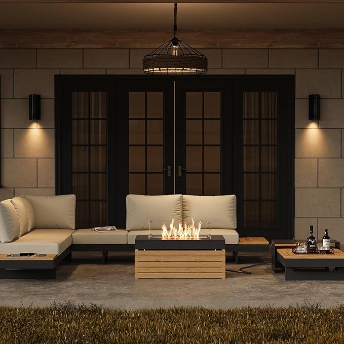 homary Patio Conversation Sets with Fire Pit-Modular Outdoor Sofa Aluminum & Teak Outdoor Sofa Se with Glass Wind Guard Ideal for Patios & Balconies, 6 Pepole, Beige