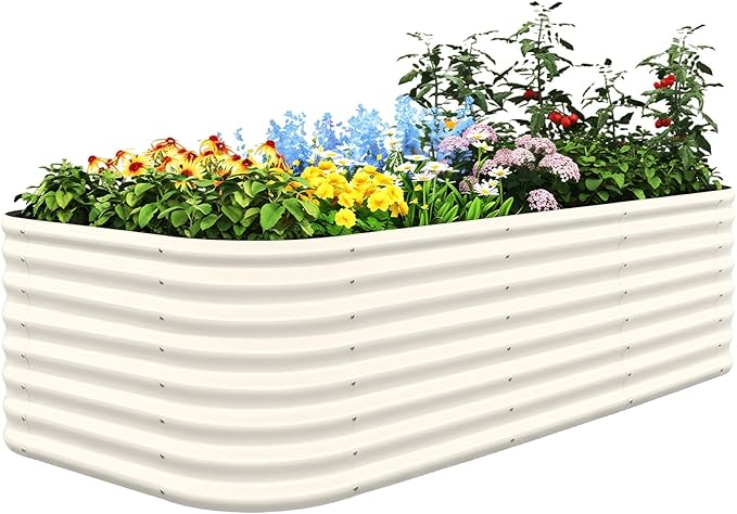 Quictent Galvanized Tall Raised Garden Bed Kit, 8x4x2 ft Oval Large Planting Box, for Vegetables Outdoor Strengthened by Crossbar (Beige)